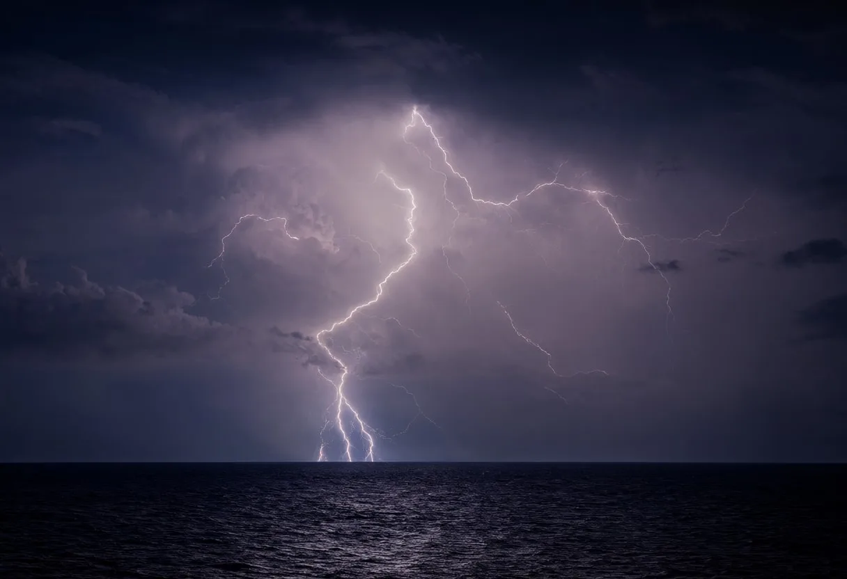 Lightning over a stormy sea at night