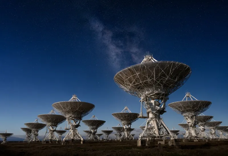 Radio telescope dishes under a starry sky