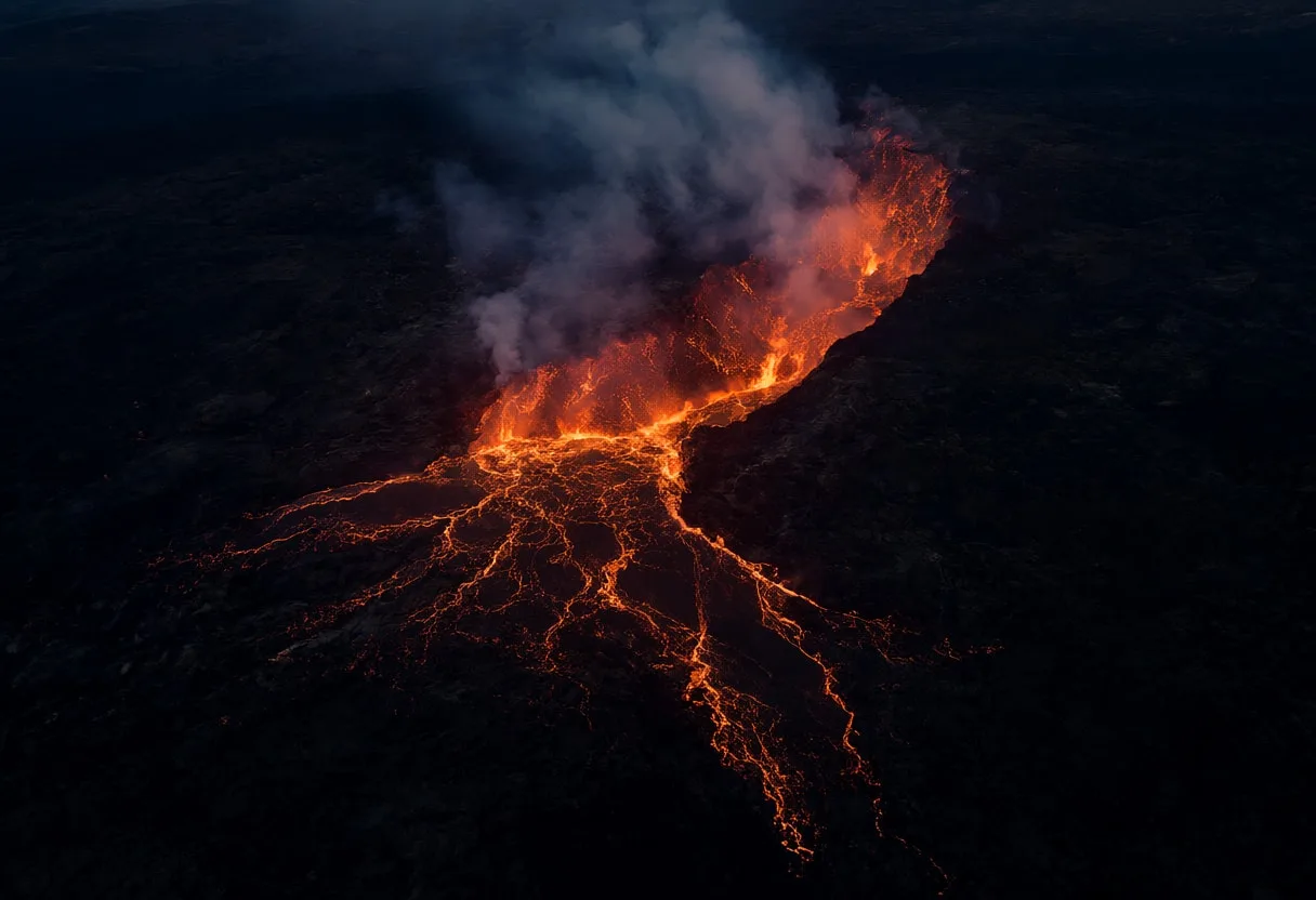 Aerial view of a volcanic fissure with glowing lava