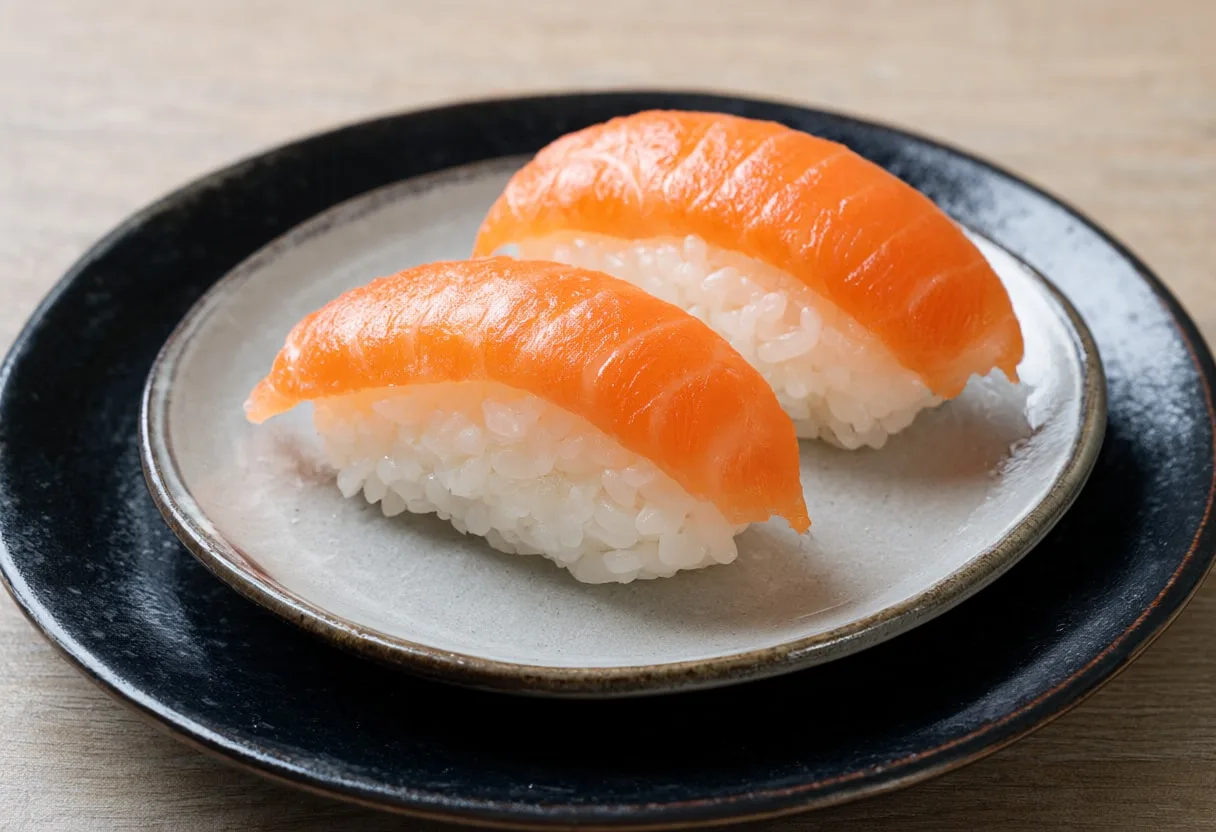 Japanese Two pieces of nigiri sushi on a small ceramic plate