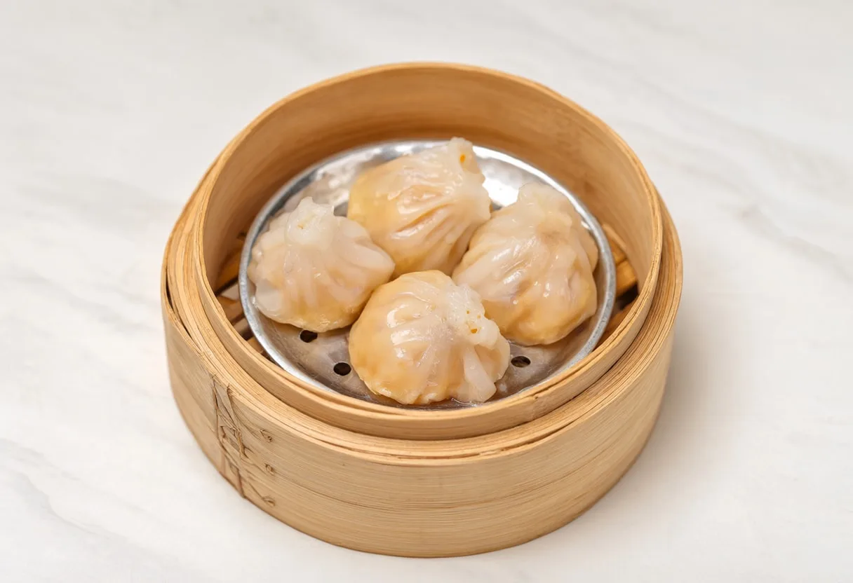 Chinese Three dim sum pieces in a small bamboo steamer
