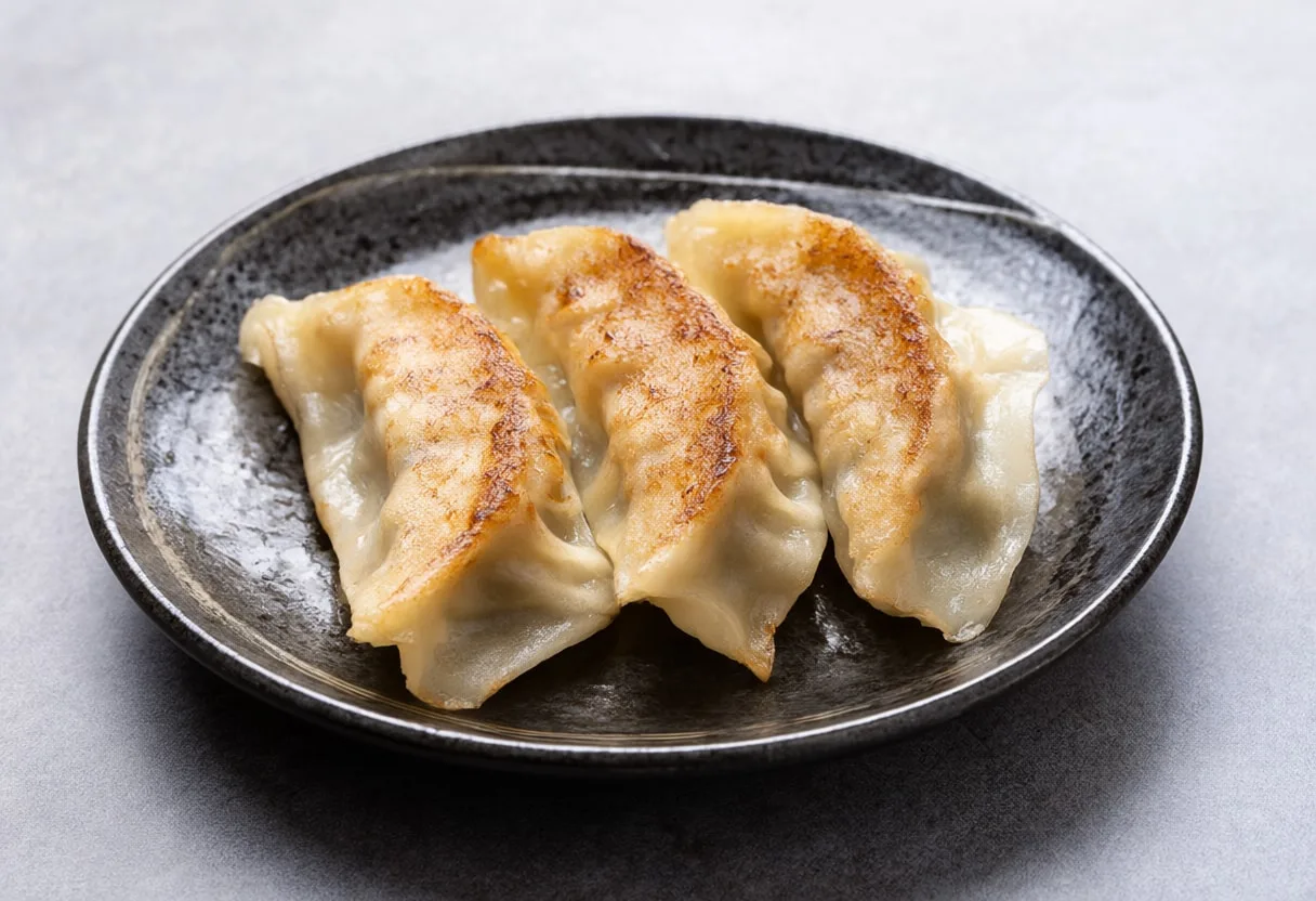 Japanese Three pan fried gyoza on a small plate