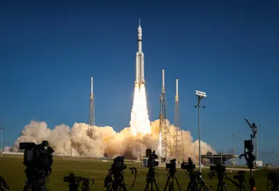 Rocket Launch Seen from the Press Site at Night