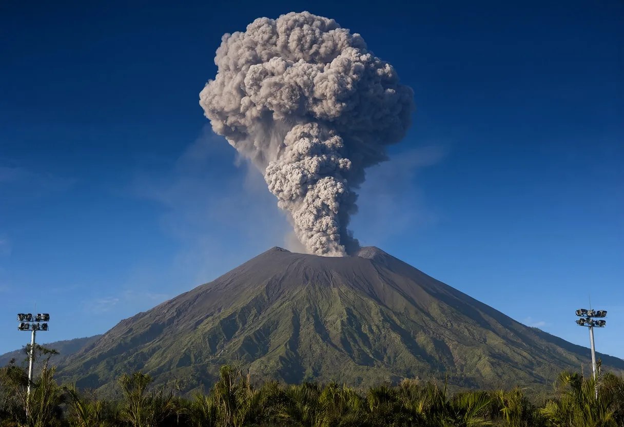Volcano Erupting with Ash Plume at Night