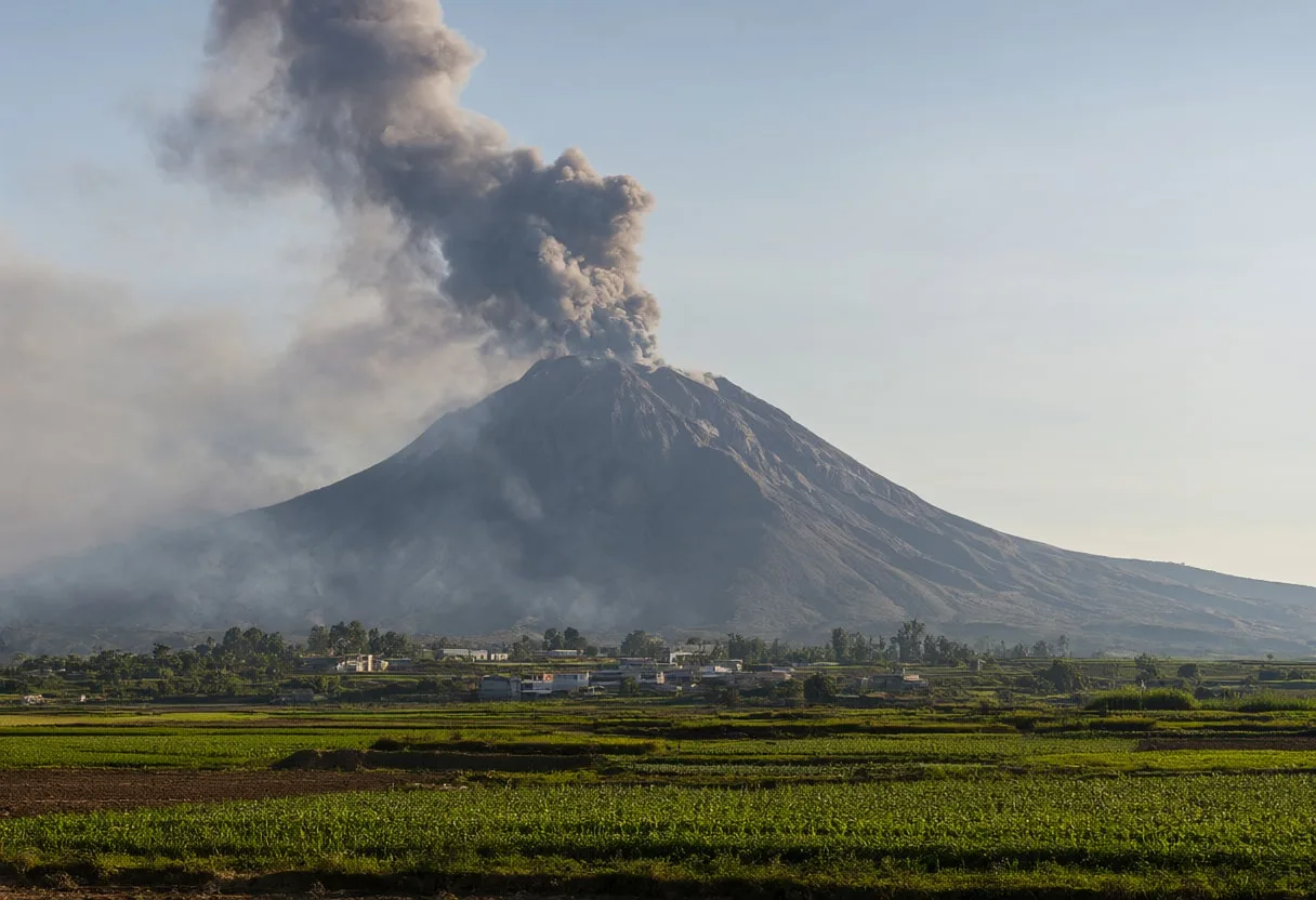 Ash Drifting over Green Landscape