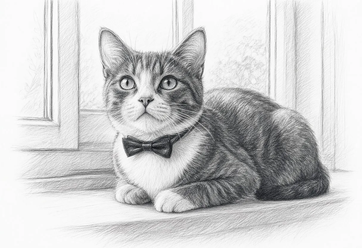 Tuxedo Cat on a windowsill Pencil Sketch