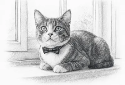Tuxedo Cat on a windowsill Pencil Sketch