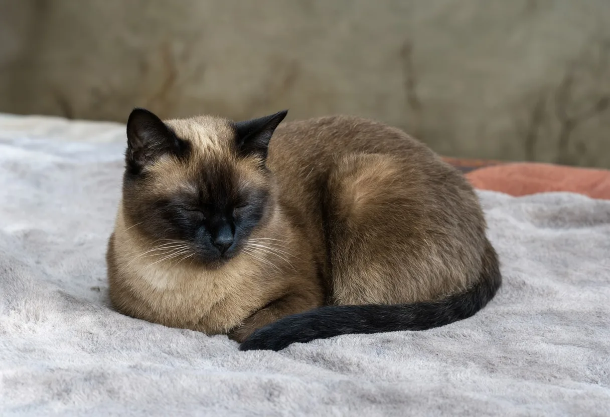 Siamese Cat curled on a blanket