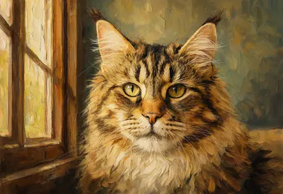 Maine Coon by a warm window Oil Painting