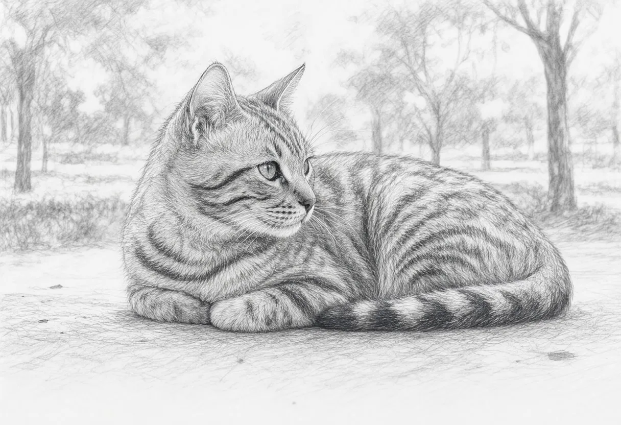 Bengal Cat in a quiet park Pencil Sketch