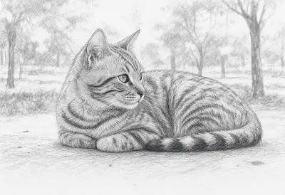 Bengal Cat in a quiet park Pencil Sketch