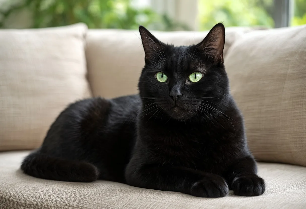 Black Cat With Green Eyes on a linen sofa Digital Illustration