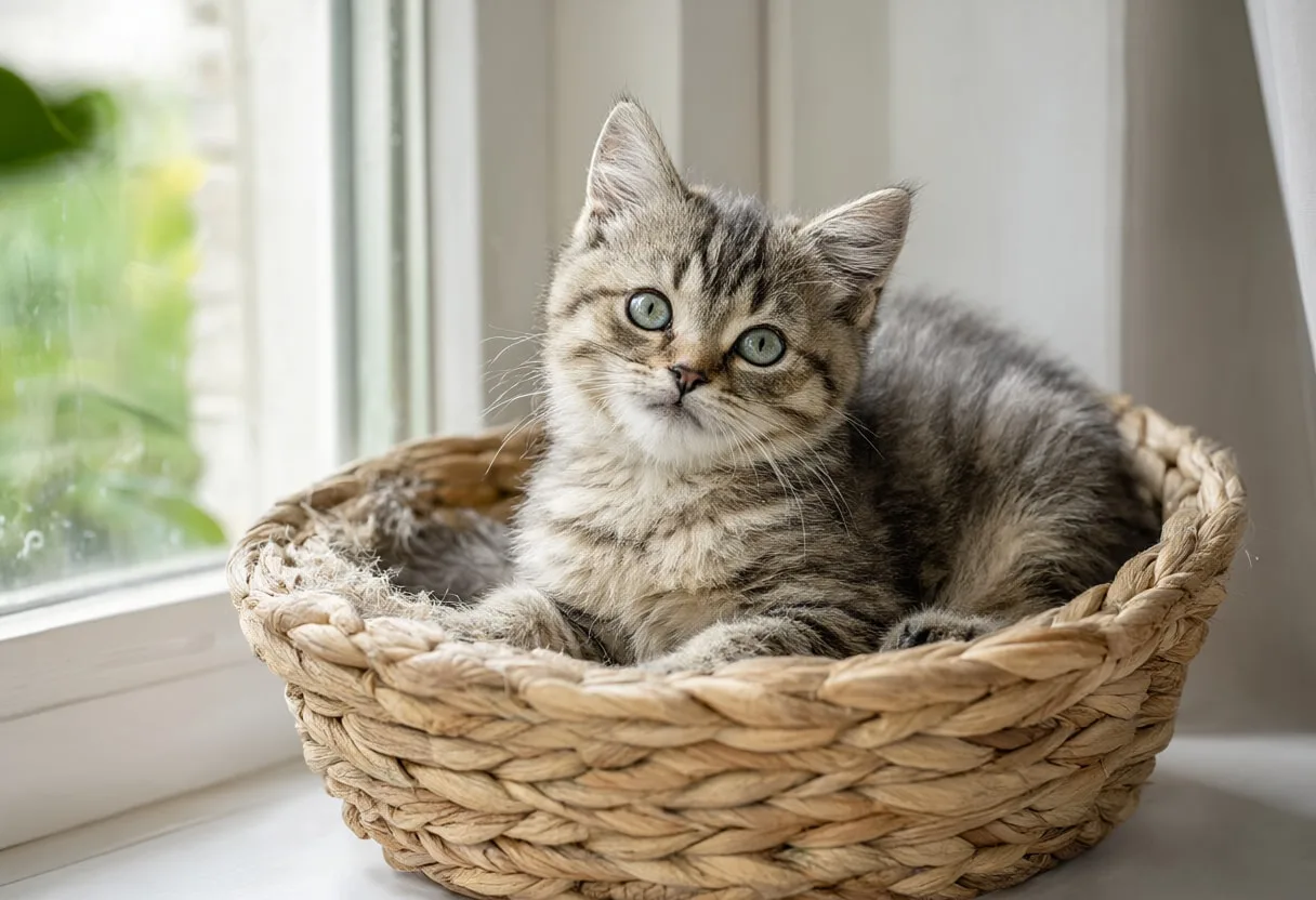 Kitten In A Basket on a windowsill