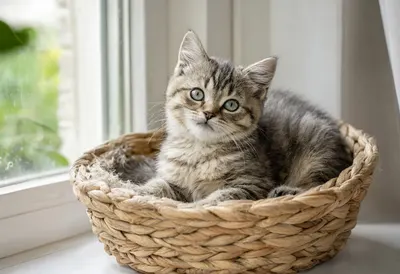 Kitten In A Basket on a windowsill