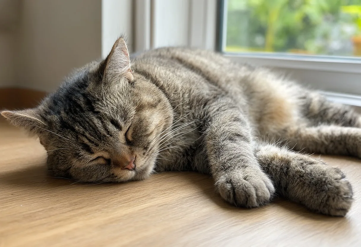 Cat Sleeping On A Windowsill on a wooden floor