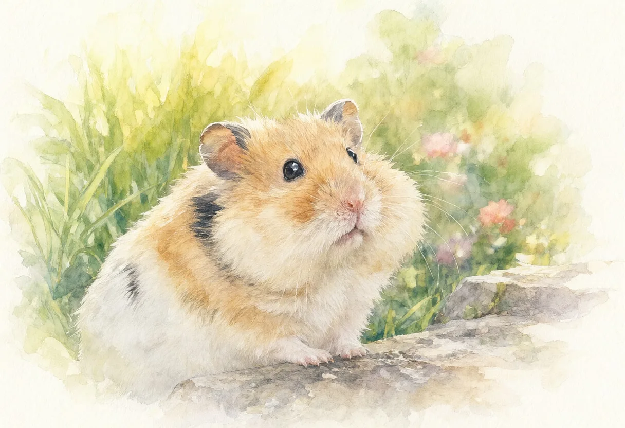 Hamster With Full Cheeks in a sunny garden Watercolour