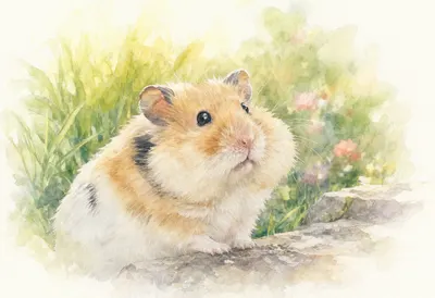 Hamster With Full Cheeks in a sunny garden Watercolour