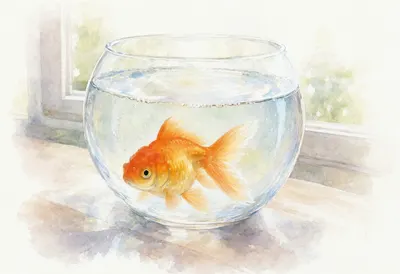 Goldfish In A Bowl on a windowsill Watercolour