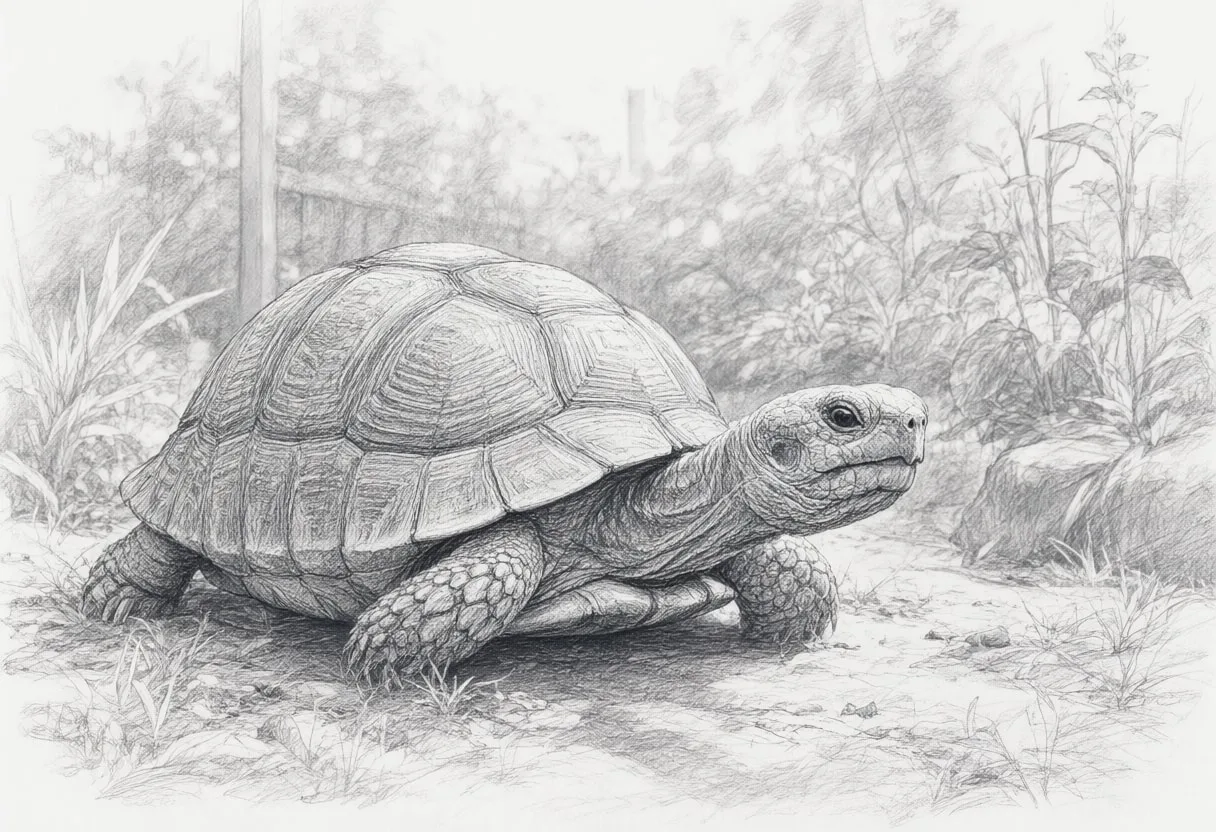 Tortoise In A Garden in a sunny garden Pencil Sketch