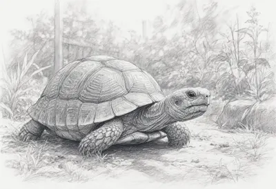 Tortoise In A Garden in a sunny garden Pencil Sketch