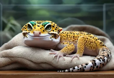 Leopard Gecko In A Terrarium curled on a blanket Digital Illustration