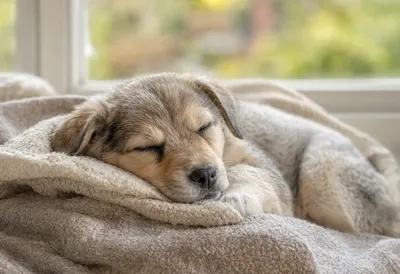 Puppy Sleeping In A Blanket by a warm window