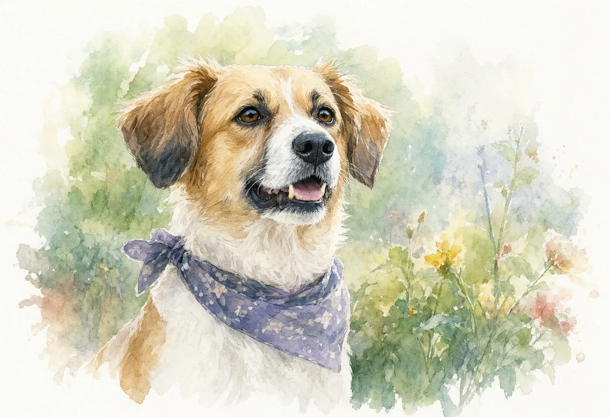 Dog With A Bandana In A Garden in a quiet park Watercolour