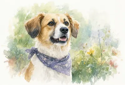 Dog With A Bandana In A Garden in a quiet park Watercolour