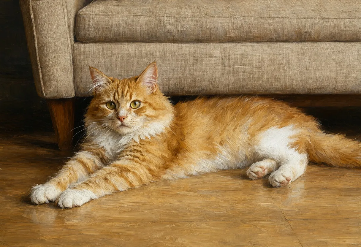 Cat Stretching On A Wooden Floor on a linen sofa Oil Painting