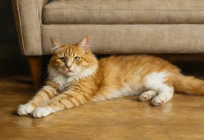 Cat Stretching On A Wooden Floor on a linen sofa Oil Painting
