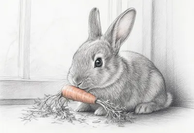 Rabbit Eating A Carrot on a windowsill Pencil Sketch
