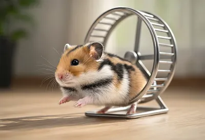 Hamster Running On A Wheel on a wooden floor Digital Illustration