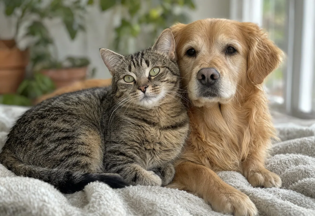 Cat And Dog Sitting Together curled on a blanket