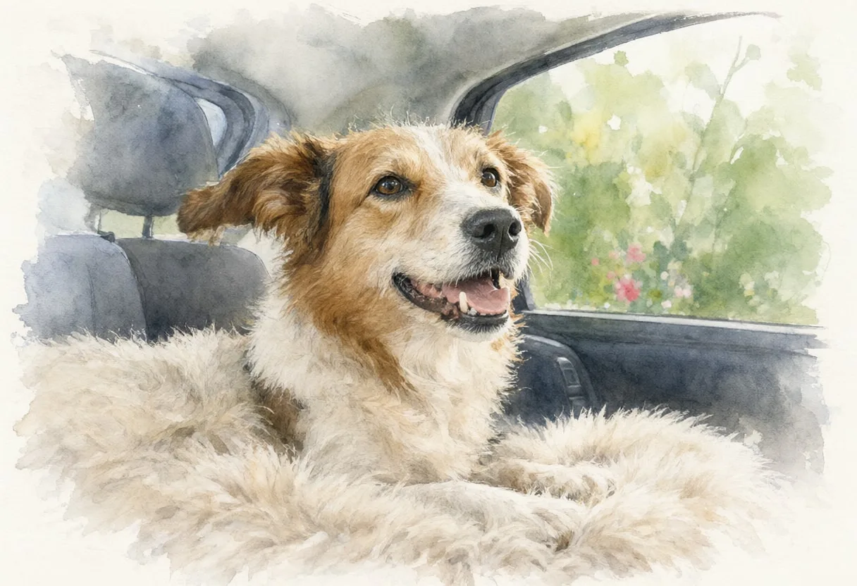 Dog Looking Out Of A Car Window on a soft rug Watercolour