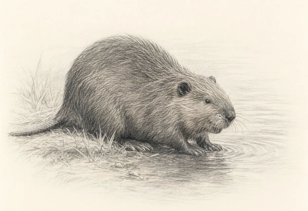 Beaver beside calm water Pencil Sketch
