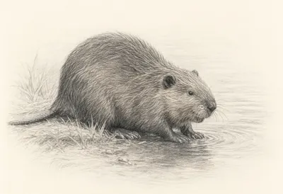 Beaver beside calm water Pencil Sketch