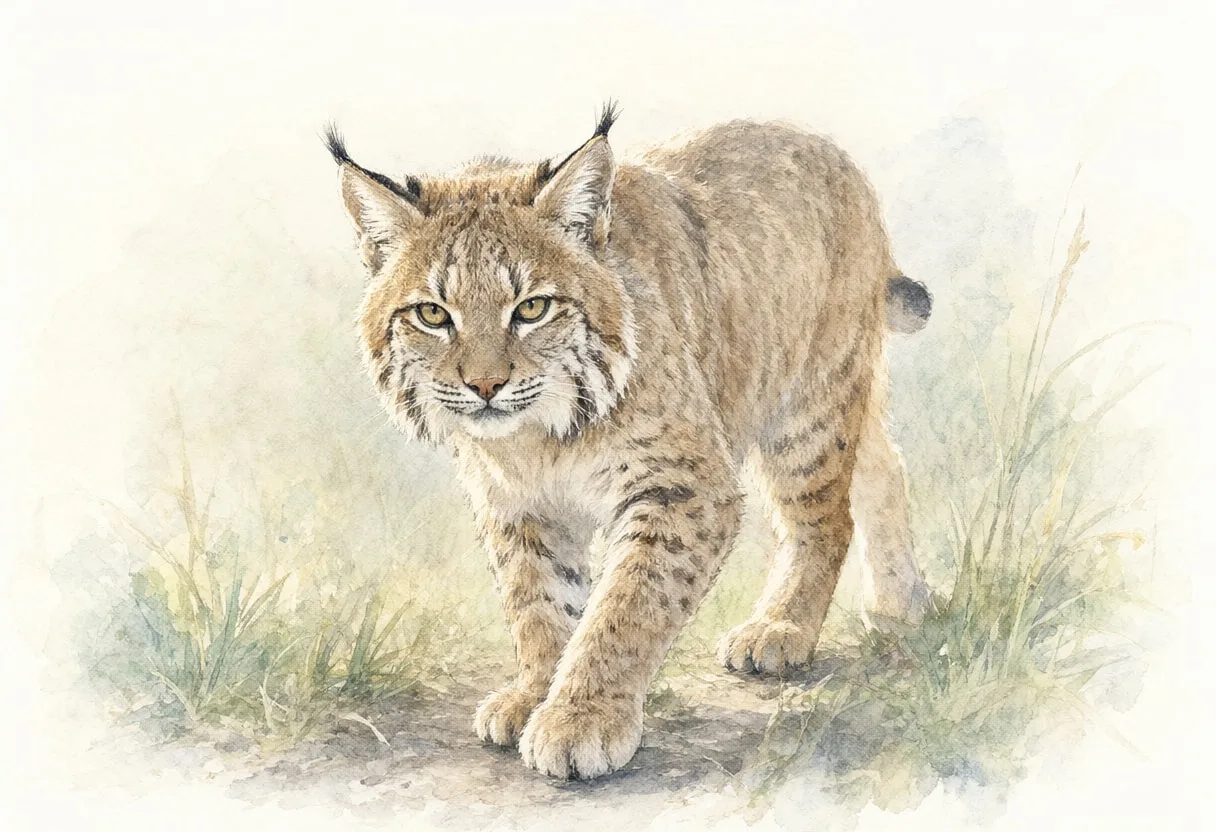 Bobcat in soft morning light Watercolour