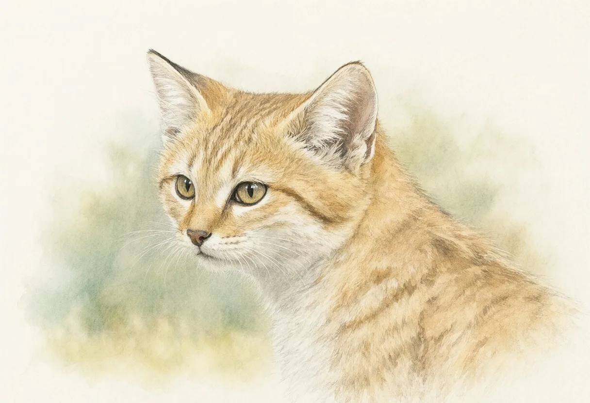 Sand Cat against a soft blurred background Watercolour