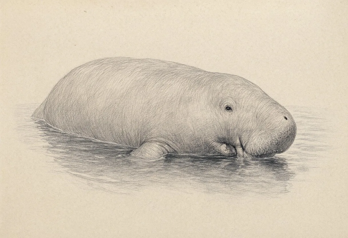 Dugong beside calm water Pencil Sketch