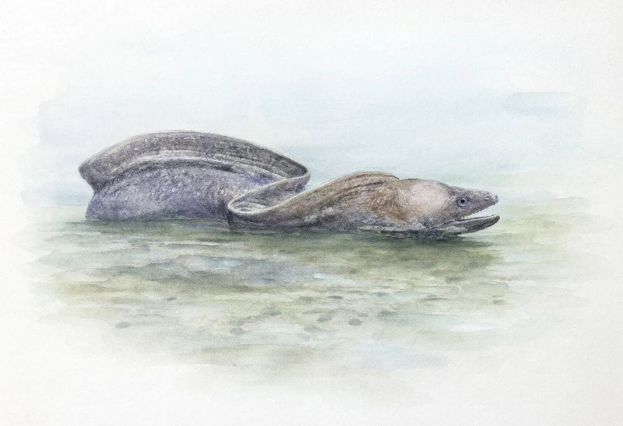 Moray Eel beside calm water Watercolour