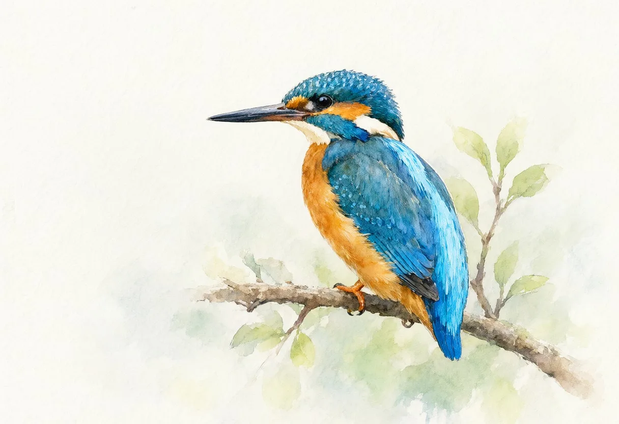 Kingfisher in soft morning light Watercolour