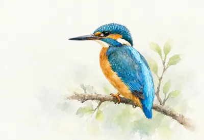 Kingfisher in soft morning light Watercolour