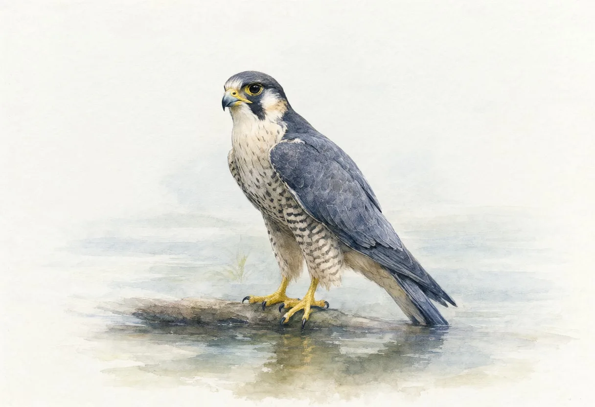 Falcon beside calm water Watercolour