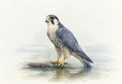 Falcon beside calm water Watercolour