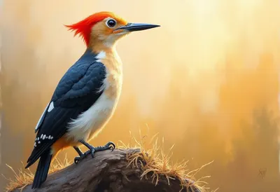 Woodpecker at golden hour Oil Painting