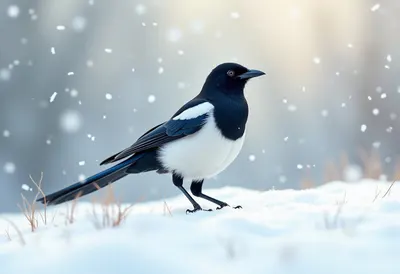 Magpie in falling snow Digital Illustration