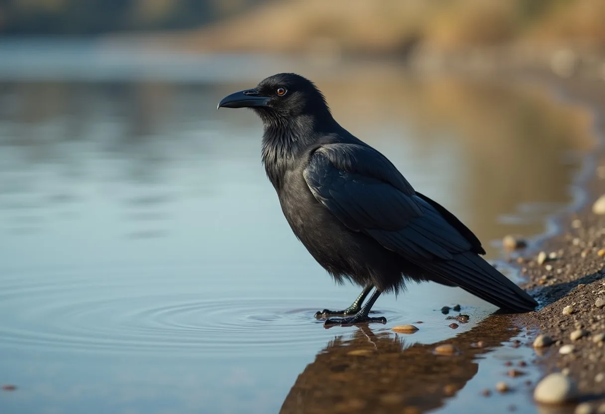 Raven beside calm water