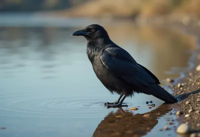 Raven beside calm water