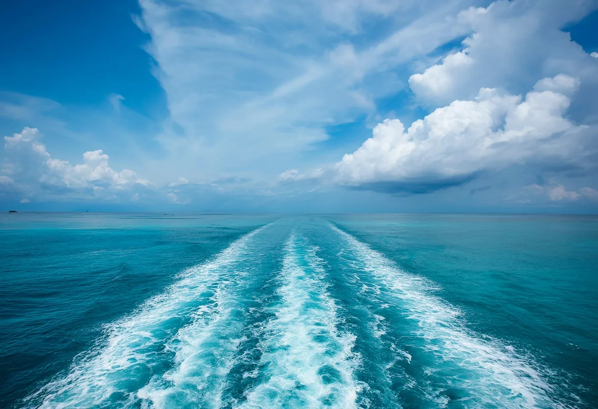 Boat Wake On Turquoise Water From Above under a dramatic sky Digital Illustration