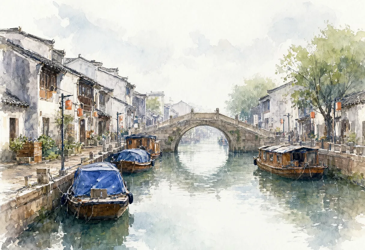 Canal Town With A Bridge And Moored Boats in the rain Watercolour